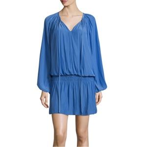 Ramy Brook Blue Dress Paris Bishop Sleeve Split Neck Mini Tiger Lilly Size S